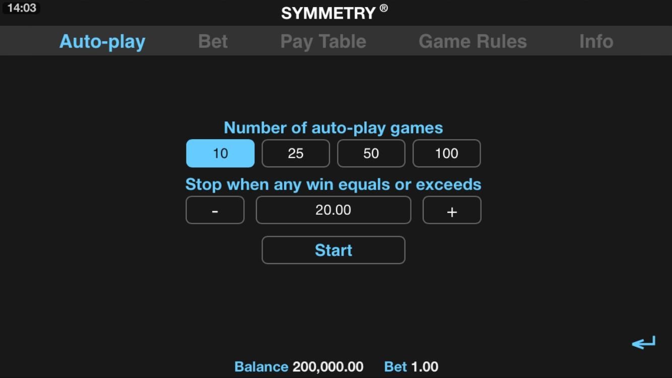 Boh8eia Kazino Symmetry - the player can select their desired bet value by clicking on the menu icon